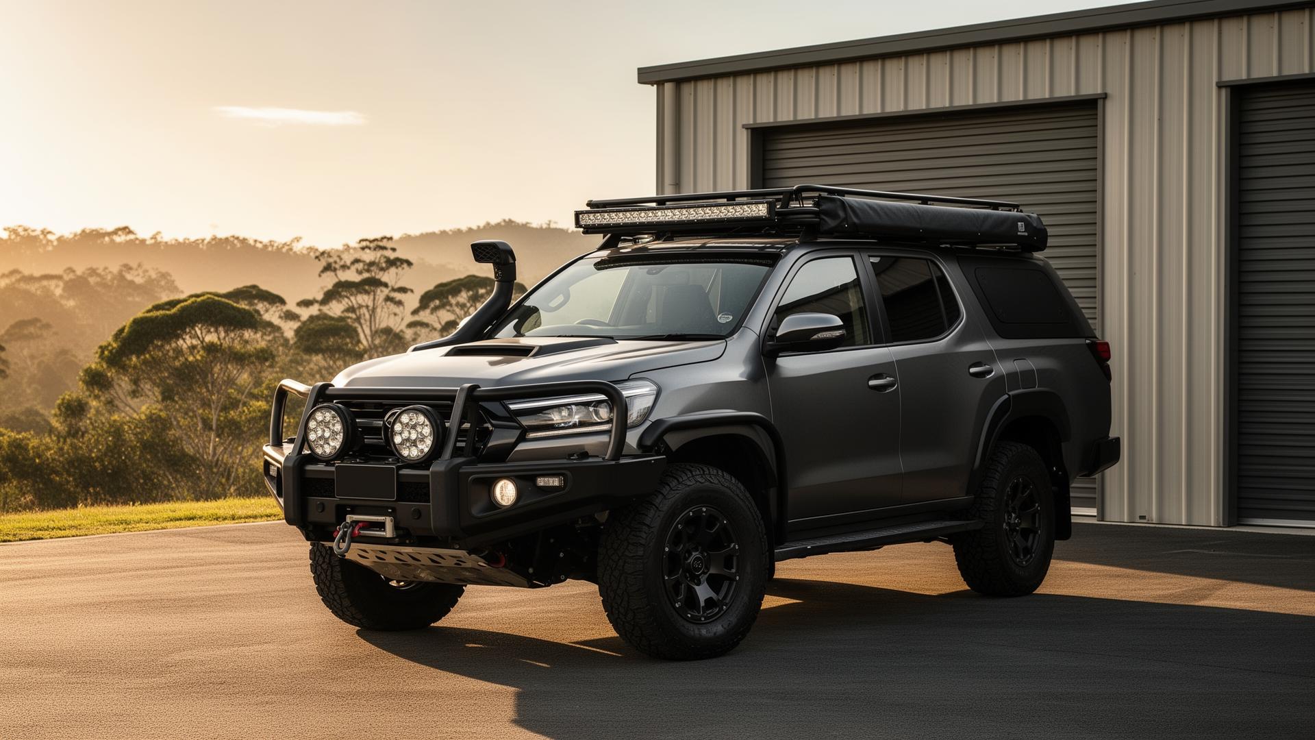 Modern auto electrical workshop with a 4WD vehicle on a hoist undergoing diagnostics